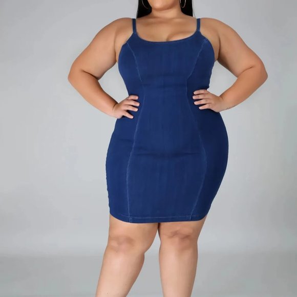 Plus Size Women Elegant Basic Denim Sleeveless Bodycon Slip Dress - Picture 4 of 16